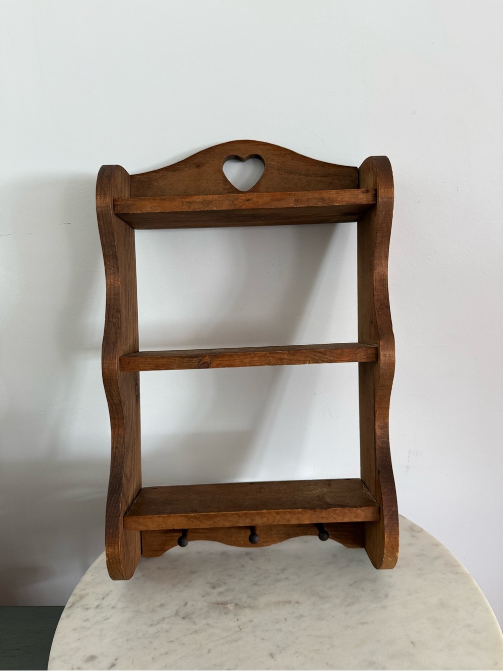 Vintage Wood 3 Tier Shelf With Heart Cut-Out And Pegs Adorable!